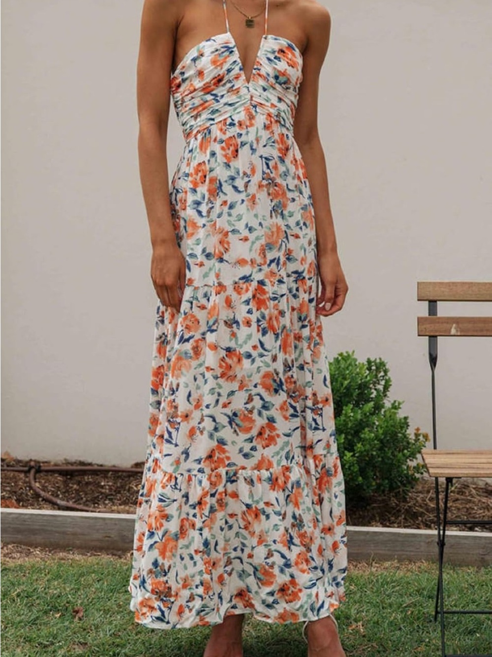 White and orange floral maxi halter dress